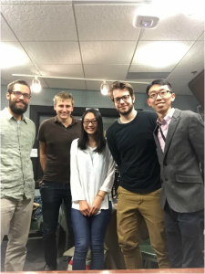 Left to right: Engineer Jason Adam Voss, Ed Waisanen, Pearl Zeng, Alex Truelove, and Joey Li.